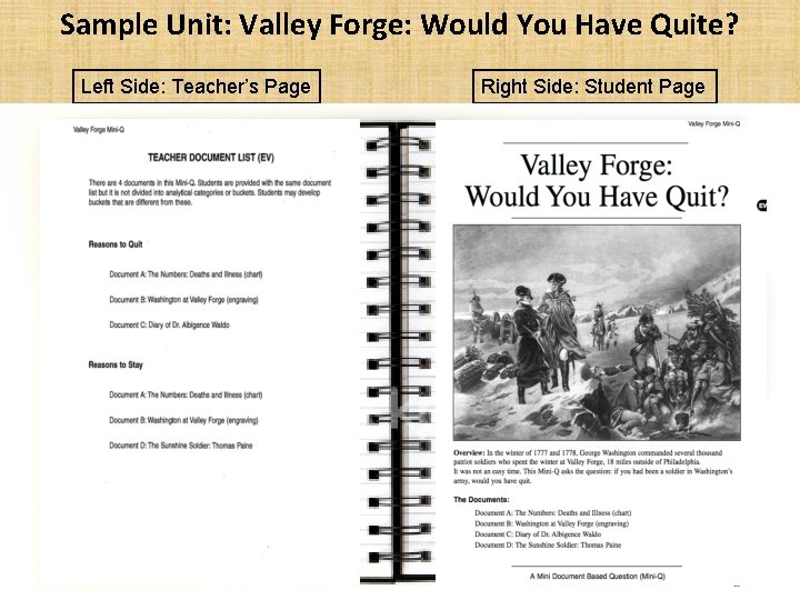 Sample Unit: Valley Forge: Would You Have Quite? Left Side: Teacher’s Page Right Side:
