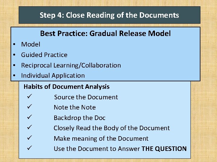 Step 4: Close Reading of the Documents Best Practice: Gradual Release Model • •
