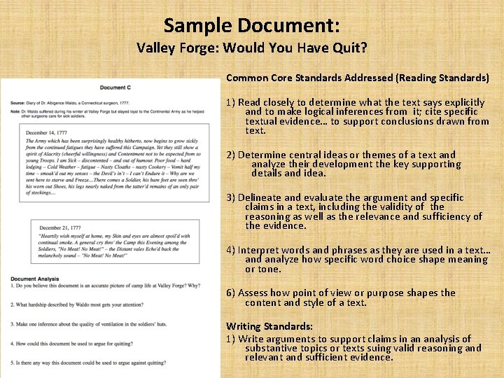 Sample Document: Valley Forge: Would You Have Quit? Common Core Standards Addressed (Reading Standards)