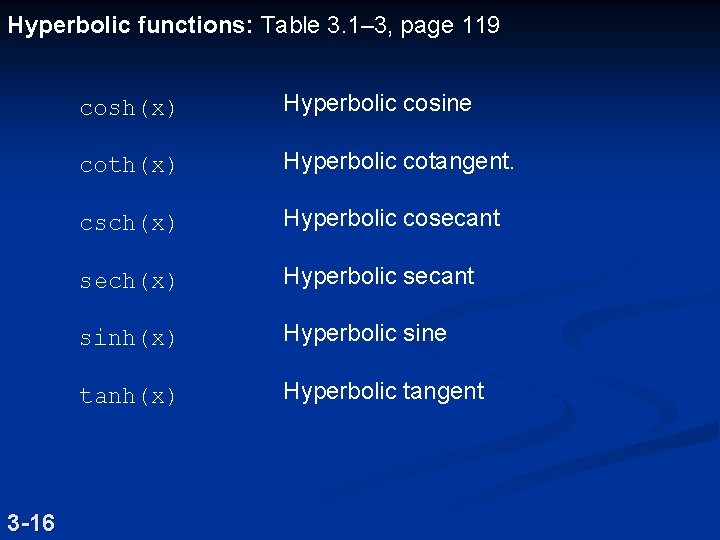 Hyperbolic functions: Table 3. 1– 3, page 119 3 -16 cosh(x) Hyperbolic cosine coth(x)