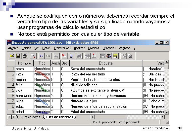 n n Aunque se codifiquen como números, debemos recordar siempre el verdadero tipo de