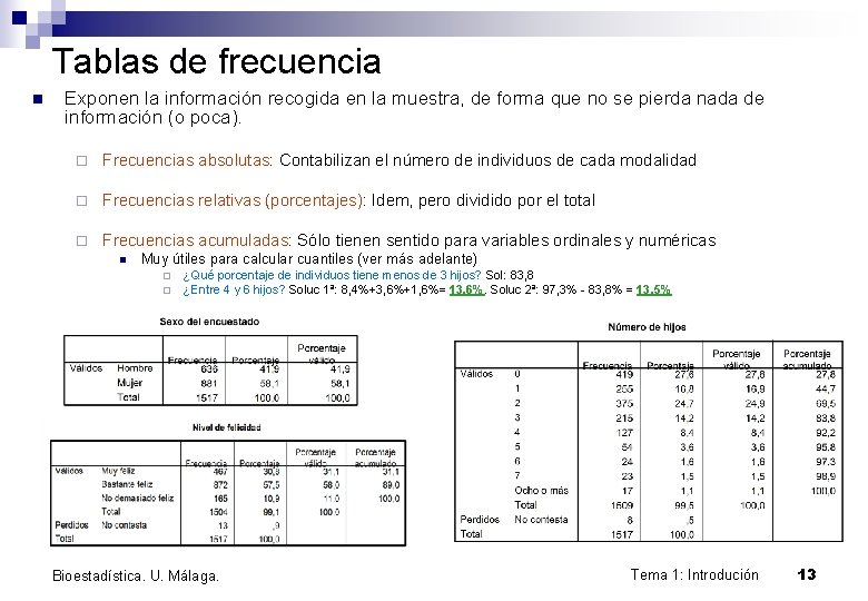 Tablas de frecuencia n Exponen la información recogida en la muestra, de forma que