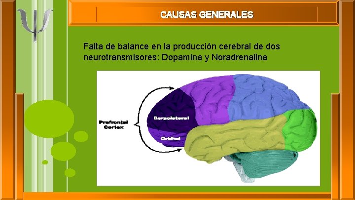 CAUSAS GENERALES Falta de balance en la producción cerebral de dos neurotransmisores: Dopamina y