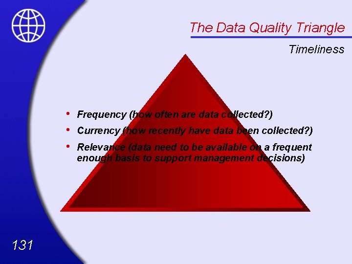 The Data Quality Triangle Timeliness • • • 131 Frequency (how often are data