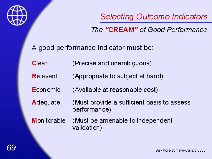 Selecting Outcome Indicators The “CREAM” of Good Performance A good performance indicator must be: