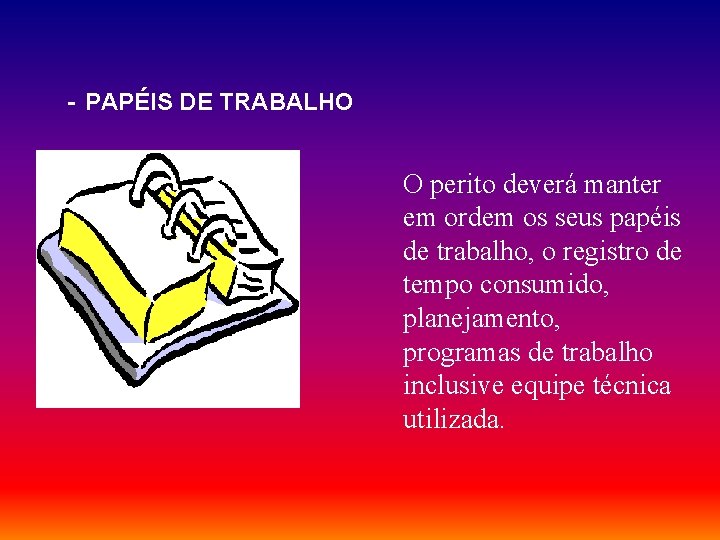 - PAPÉIS DE TRABALHO O perito deverá manter em ordem os seus papéis de