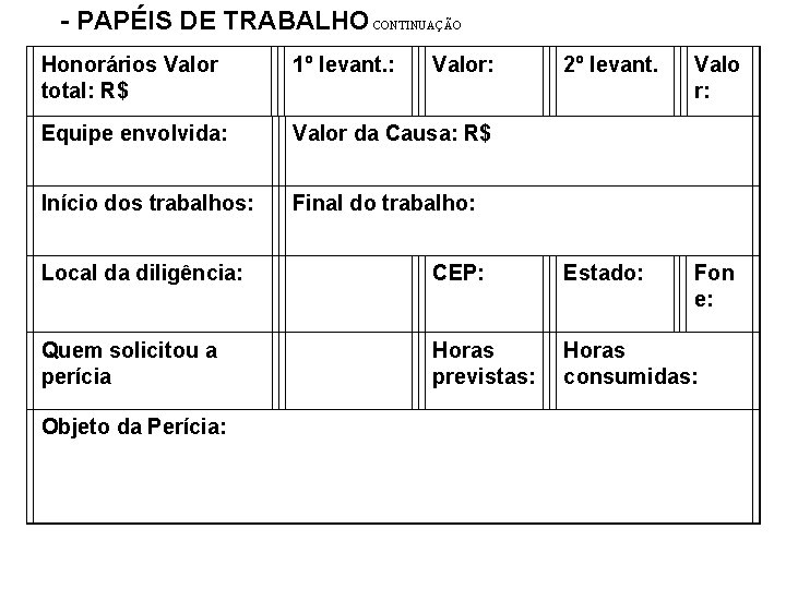 - PAPÉIS DE TRABALHO CONTINUAÇÃO Honorários Valor total: R$ 1º levant. : Equipe envolvida: