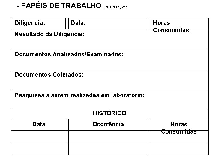 - PAPÉIS DE TRABALHO CONTINUAÇÃO Diligência: Data: Horas Consumidas: Resultado da Diligência: Documentos Analisados/Examinados: