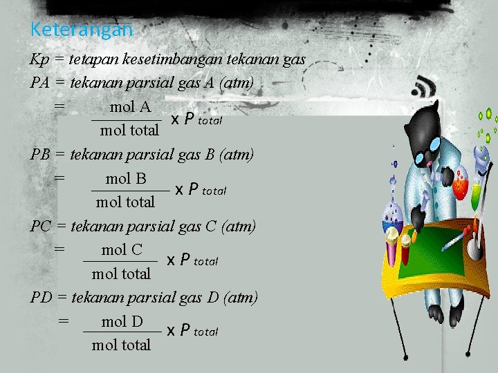 Keterangan Kp = tetapan kesetimbangan tekanan gas PA = tekanan parsial gas A (atm)