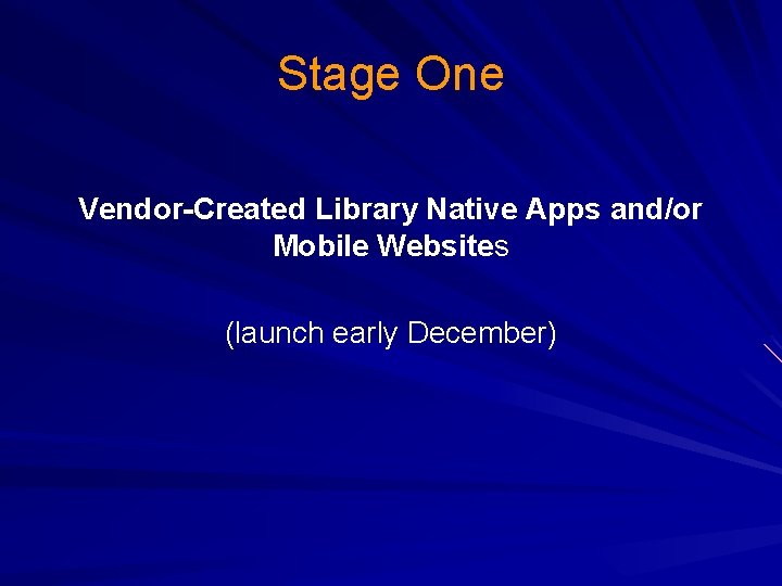 Stage One Vendor-Created Library Native Apps and/or Mobile Websites (launch early December) 