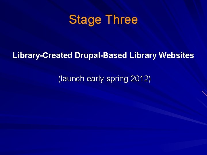 Stage Three Library-Created Drupal-Based Library Websites (launch early spring 2012) 