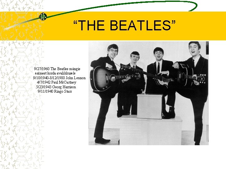 “THE BEATLES” 9/27/1960 The Beatles mängis esimest korda avalikkusele 9/10/1940 -8/12/1980 John Lennon 4/7/1942