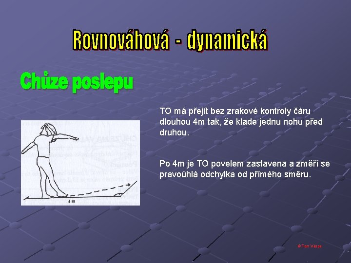 TO má přejít bez zrakové kontroly čáru dlouhou 4 m tak, že klade jednu