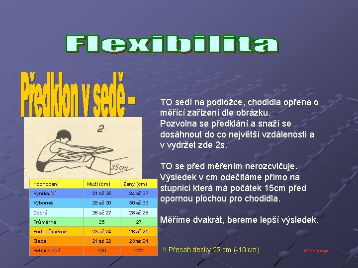 TO sedí na podložce, chodidla opřena o měřící zařízení dle obrázku. Pozvolna se předklání