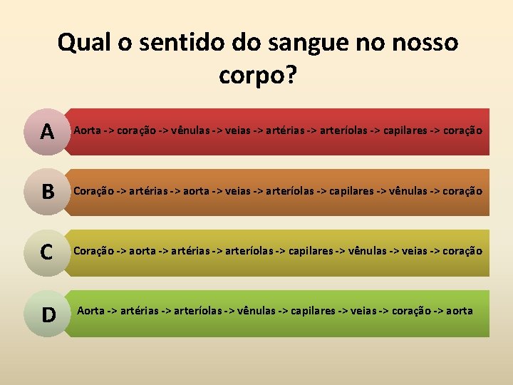 Qual o sentido do sangue no nosso corpo? A Aorta -> coração -> vênulas