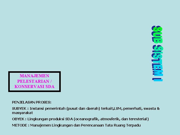 MANAJEMEN PELESTARIAN / KONSERVASI SDA PENJELASAN PROSES: SUBYEK : Instansi pemerintah (pusat dan daerah)