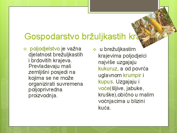 Gospodarstvo bržuljkastih krajeva v poljodjelstvo je važna djelatnost brežuljkastih i brdovitih krajeva. Prevladavaju mali