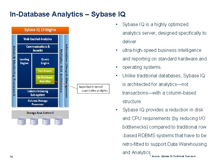 In-Database Analytics – Sybase IQ • Sybase IQ is a highly optimized analytics server,