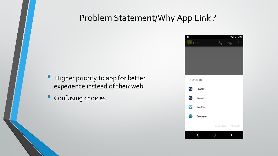 Problem Statement/Why App Link ? • Higher priority to app for better experience instead