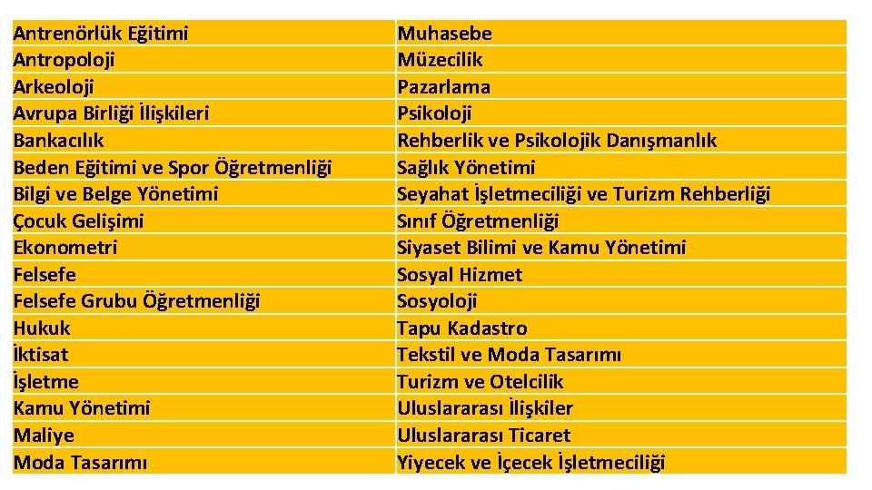 Antrenörlük Eğitimi Antropoloji Arkeoloji Avrupa Birliği İlişkileri Bankacılık Beden Eğitimi ve Spor Öğretmenliği Bilgi