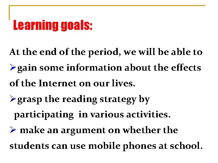 Learning goals: At the end of the period, we will be able to Øgain