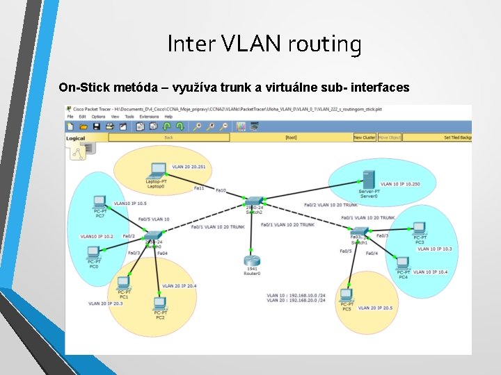 Inter VLAN routing On-Stick metóda – využíva trunk a virtuálne sub- interfaces 