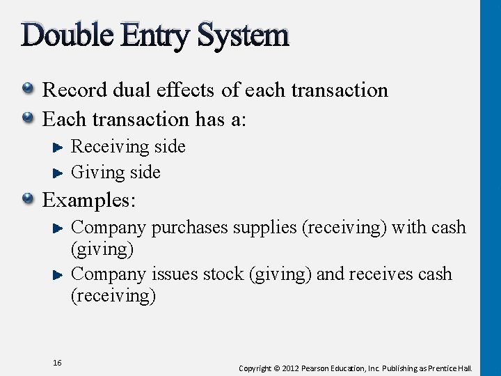 Double Entry System Record dual effects of each transaction Each transaction has a: Receiving