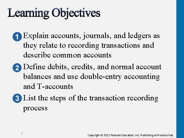 Learning Objectives Explain accounts, journals, and ledgers as they relate to recording transactions and