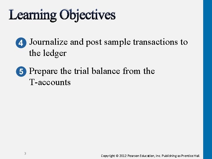 Learning Objectives Journalize and post sample transactions to the ledger Prepare the trial balance