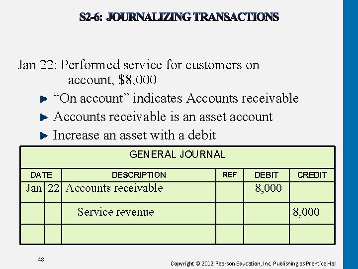 Jan 22: Performed service for customers on account, $8, 000 “On account” indicates Accounts