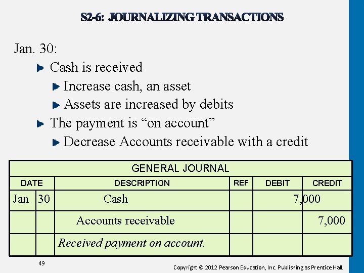 Jan. 30: Cash is received Increase cash, an asset Assets are increased by debits