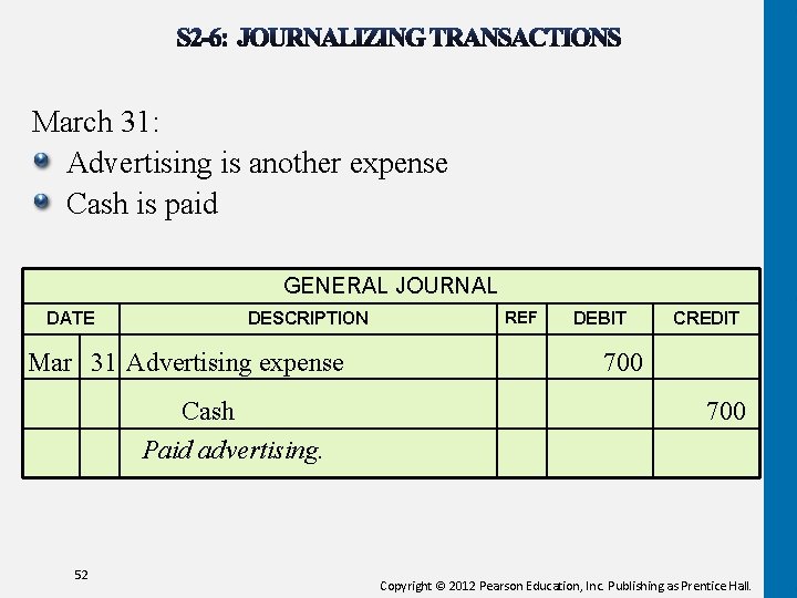 March 31: Advertising is another expense Cash is paid GENERAL JOURNAL DATE DESCRIPTION Mar