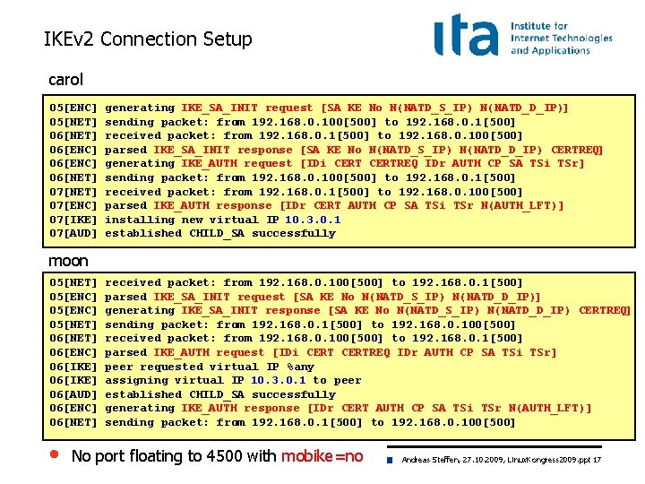 IKEv 2 Connection Setup carol 05[ENC] 05[NET] 06[ENC] 06[NET] 07[ENC] 07[IKE] 07[AUD] generating IKE_SA_INIT