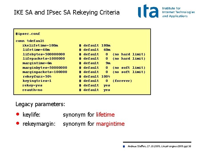 IKE SA and IPsec SA Rekeying Criteria #ipsec. conf conn %default ikelifetime=180 m lifetime=60