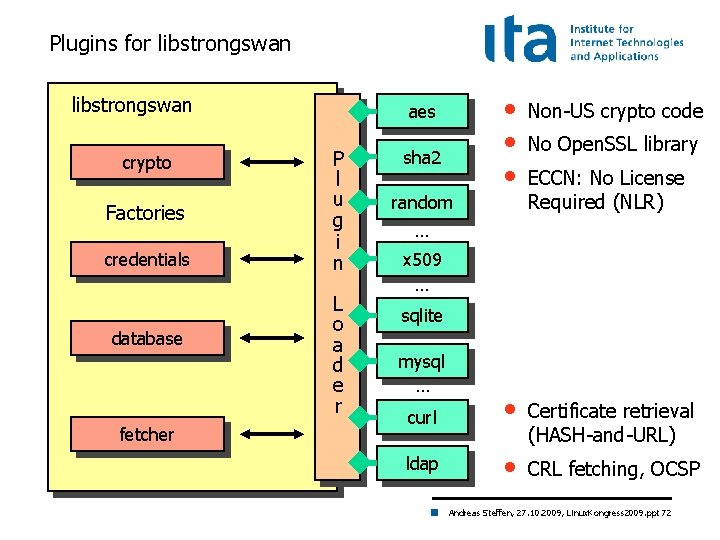 Plugins for libstrongswan crypto Factories credentials database fetcher • • • Non-US crypto code