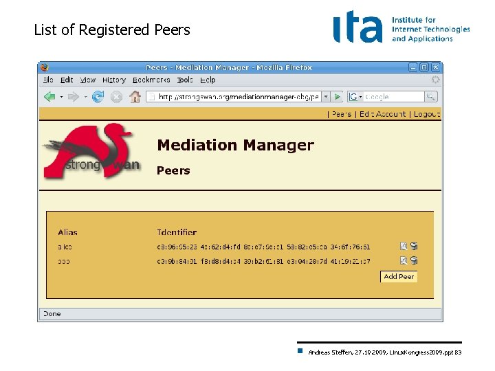 List of Registered Peers Andreas Steffen, 27. 10. 2009, Linux. Kongress 2009. ppt 83