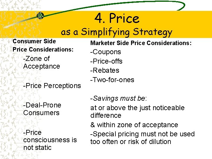 4. Price as a Simplifying Strategy Consumer Side Price Considerations: -Zone of Acceptance -Price