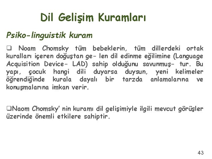 Dil Gelişim Kuramları Psiko-linguistik kuram q Noam Chomsky tüm bebeklerin, tüm dillerdeki ortak kuralları