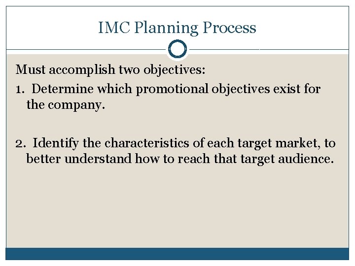 IMC Planning Process Must accomplish two objectives: 1. Determine which promotional objectives exist for
