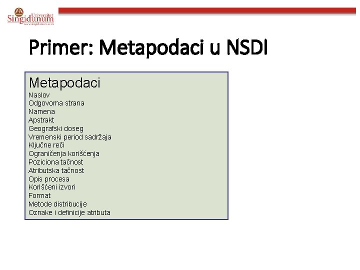 Primer: Metapodaci u NSDI Metapodaci Naslov Odgovorna strana Namena Apstrakt Geografski doseg Vremenski period