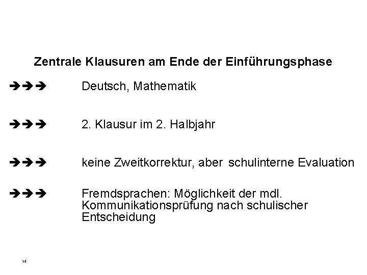 Zentrale Klausuren am Ende der Einführungsphase Deutsch, Mathematik 2. Klausur im 2. Halbjahr keine