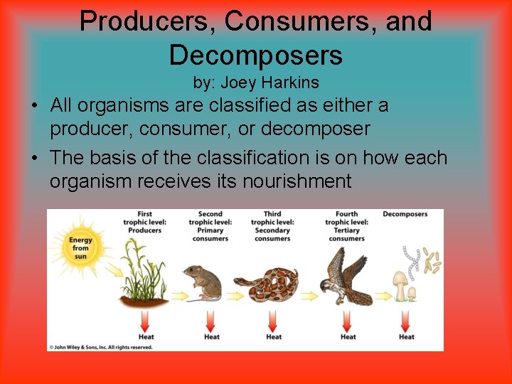 Producers, Consumers, and Decomposers by: Joey Harkins • All organisms are classified as either