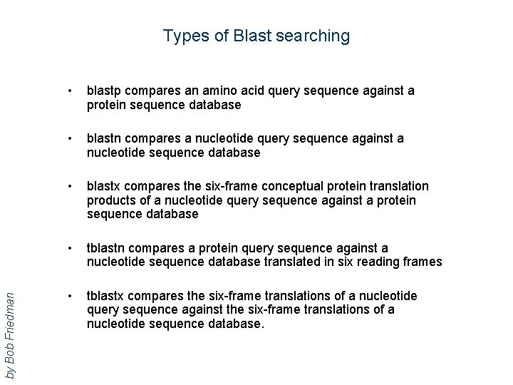 by Bob Friedman Types of Blast searching • blastp compares an amino acid query