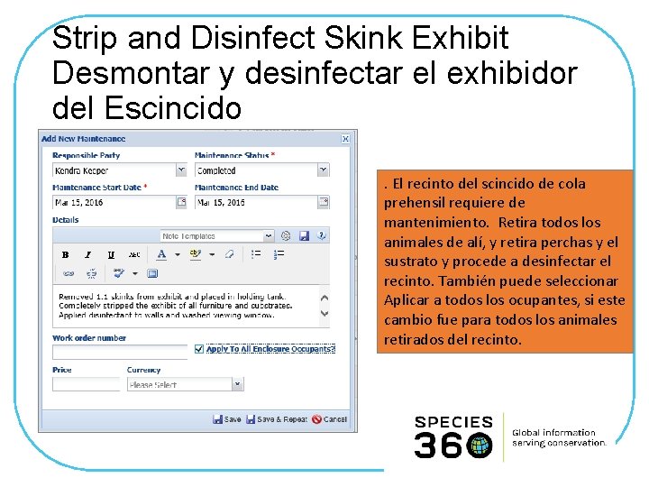 Strip and Disinfect Skink Exhibit Desmontar y desinfectar el exhibidor del Escincido. El recinto