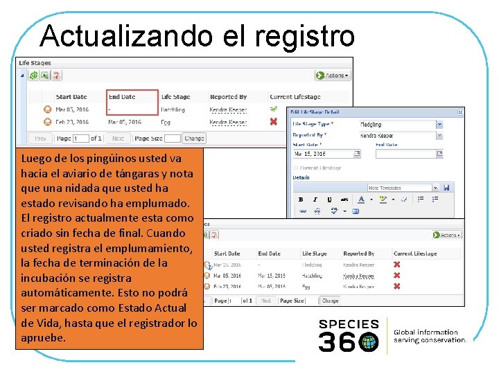 Actualizando el registro Luego de los pingüinos usted va hacia el aviario de tángaras