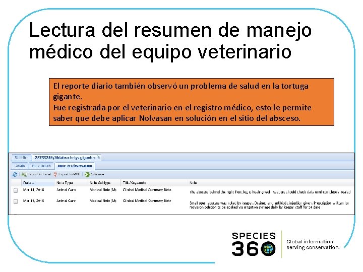 Lectura del resumen de manejo médico del equipo veterinario El reporte diario también observó