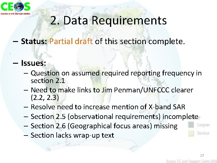 2. Data Requirements – Status: Partial draft of this section complete. – Issues: –