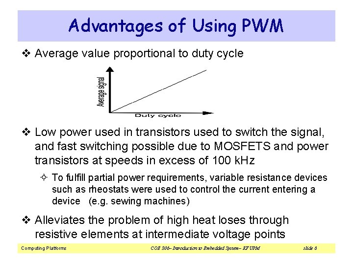 Advantages of Using PWM v Average value proportional to duty cycle v Low power