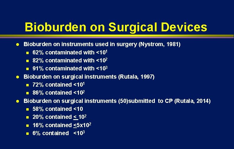 Bioburden on Surgical Devices l l l Bioburden on instruments used in surgery (Nystrom,