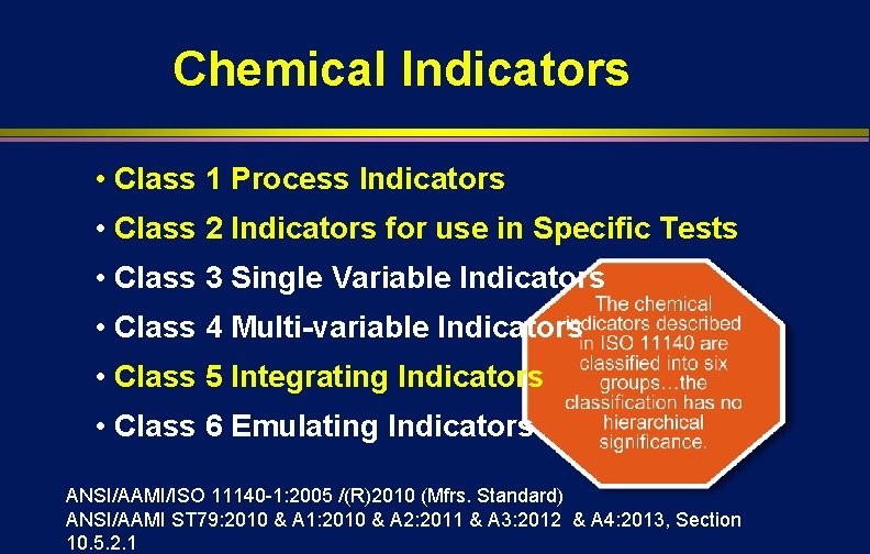 Chemical Indicators • Class 1 Process Indicators • Class 2 Indicators for use in